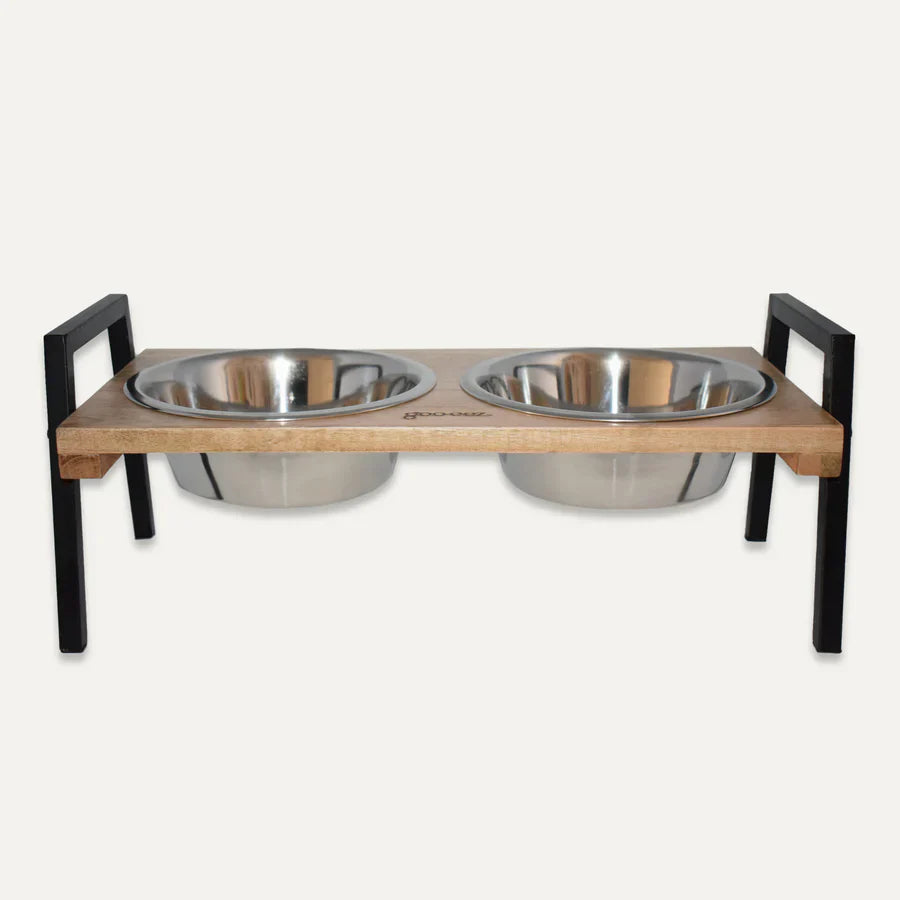 Goo-eez Double Bowl Mango Wood Feeder